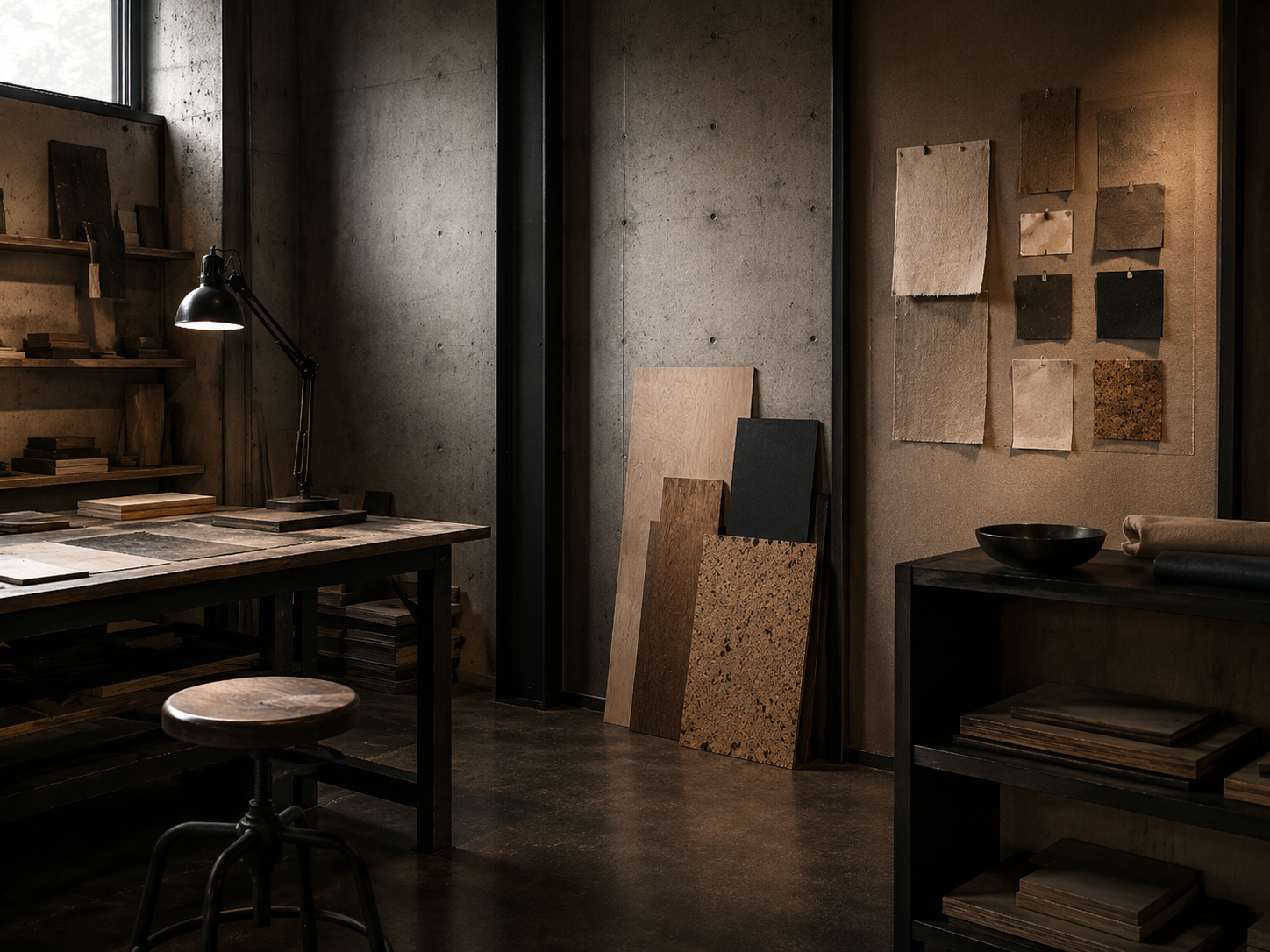 Alpha Atelier — Material directive: Blackened steel, oiled ply, raw canvas, cork. Everything takes a mark.