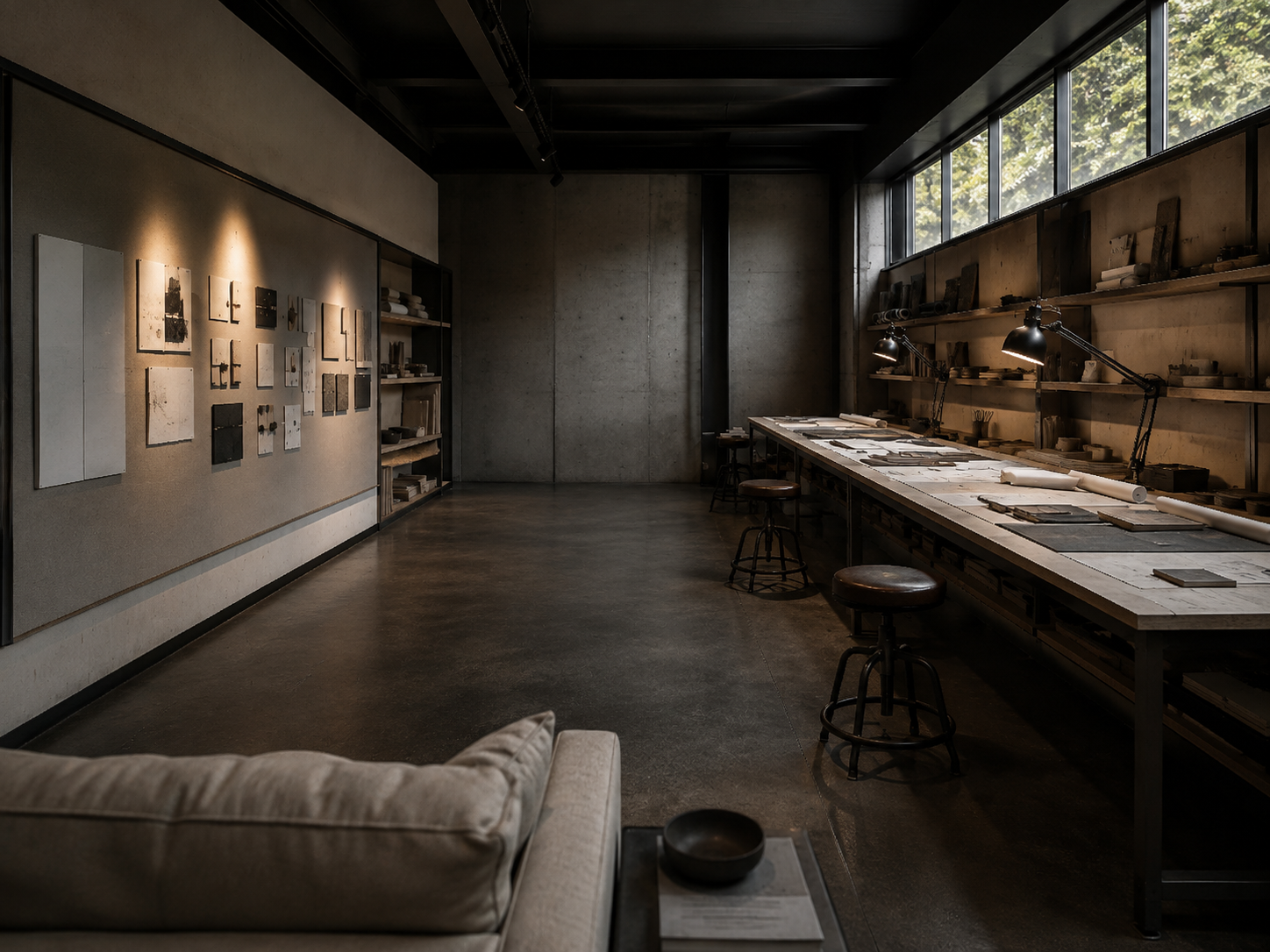 Alpha Atelier — Furniture directive: Two seats for working, one for stopping. Nothing upholstered near the bench.