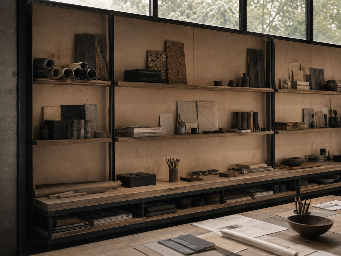 Alpha Atelier — The Wall, open storage; strip light behind the shelf front