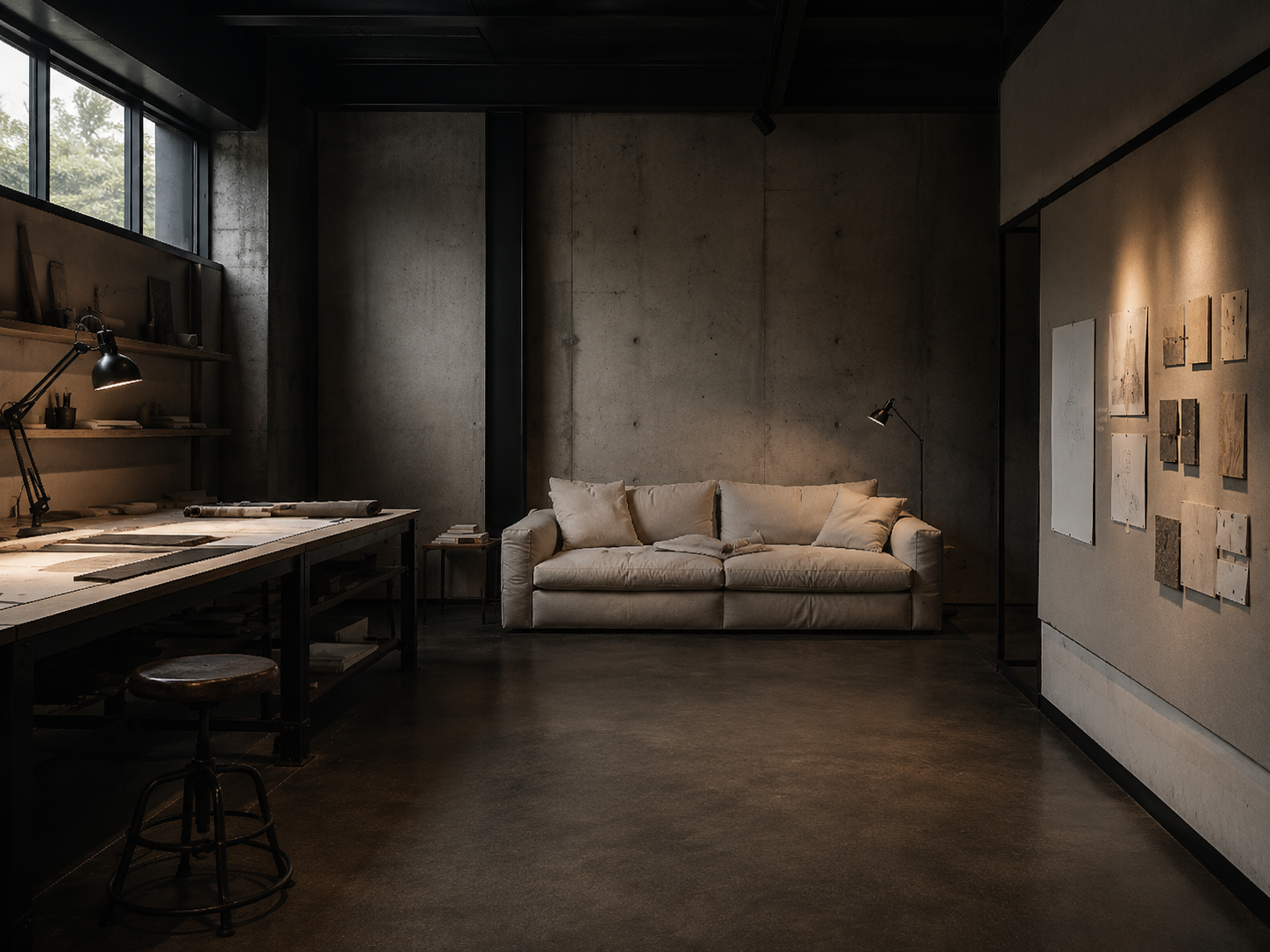 Alpha Atelier — The Pause, the far end; one floor lamp, dimmed