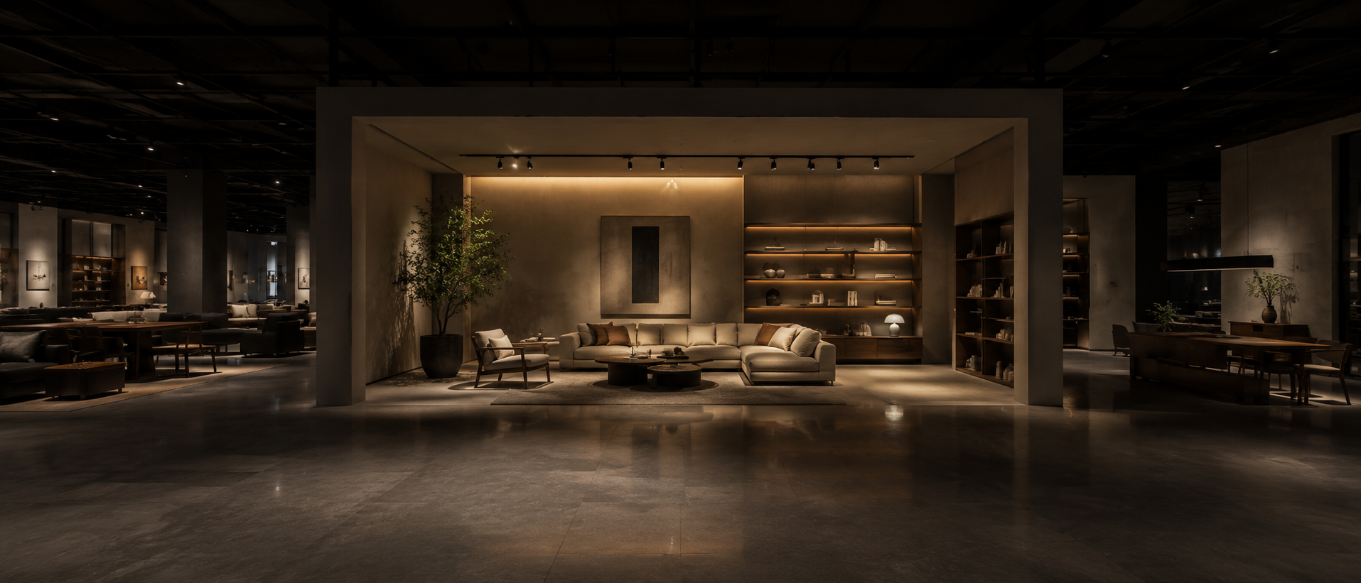 A Wolf Casa floor before opening — one curated room lit inside the dark hall