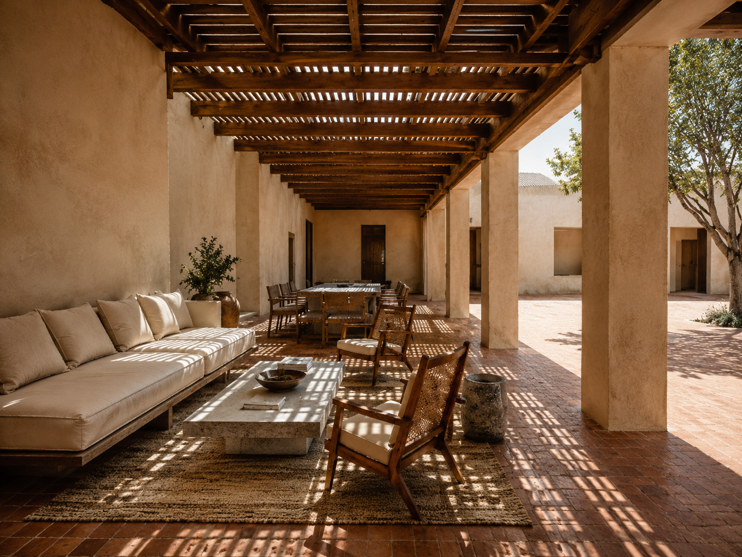 Helios Court — Portico, the colonnade; shadow bands across the floor