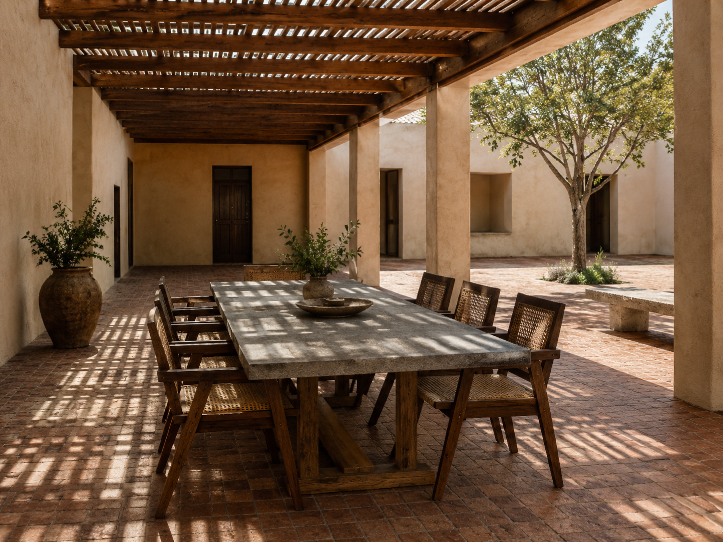 Helios Court — Pergola, the eating shade; slatted light, moving