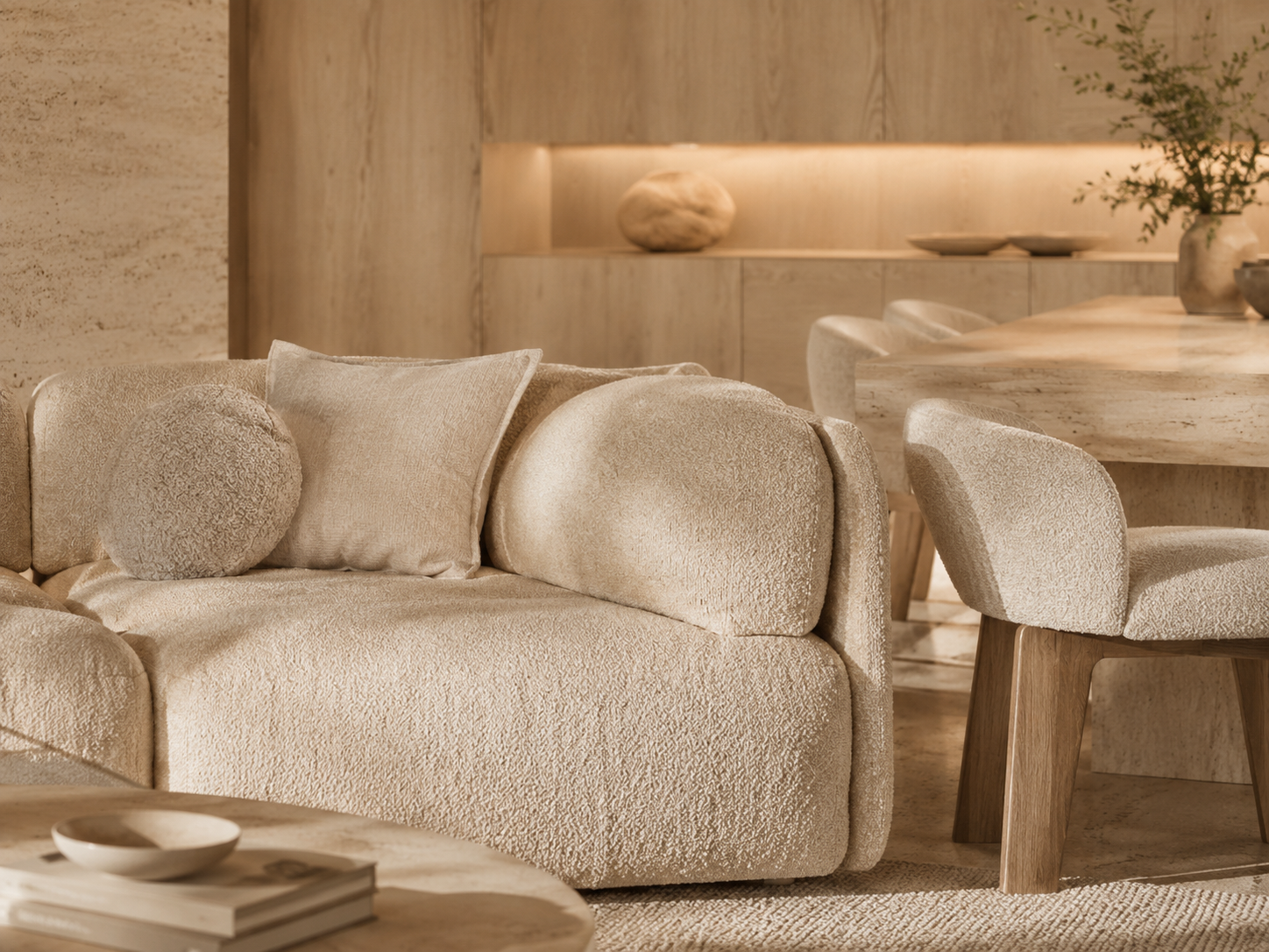 Kage Ma — Furniture directive: Bouclé in one weight, oak in one tone, nothing with a visible fixing.