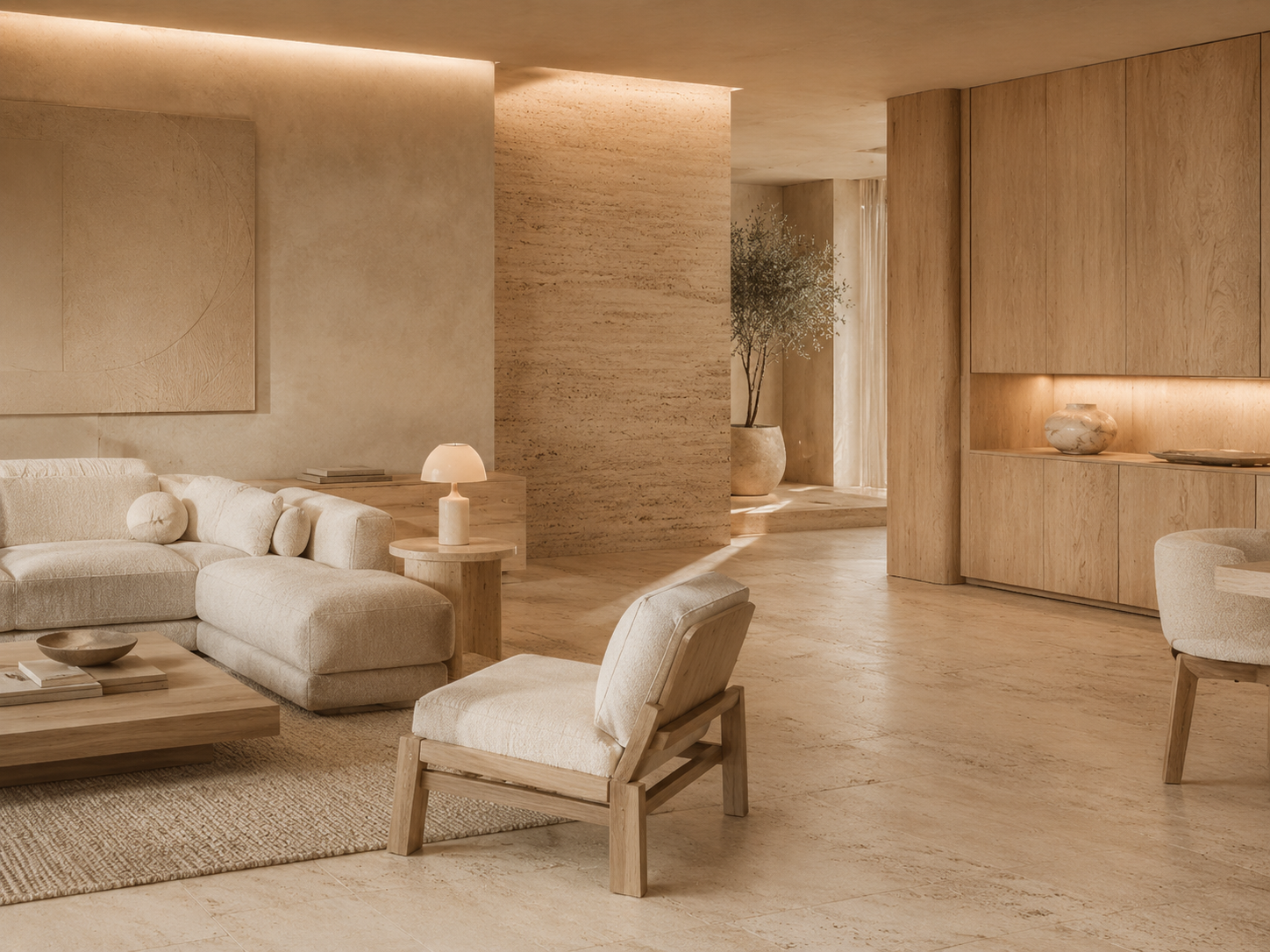 Kage Ma — Material directive: Travertine floor to wall, lime plaster above, white oak for everything that opens.