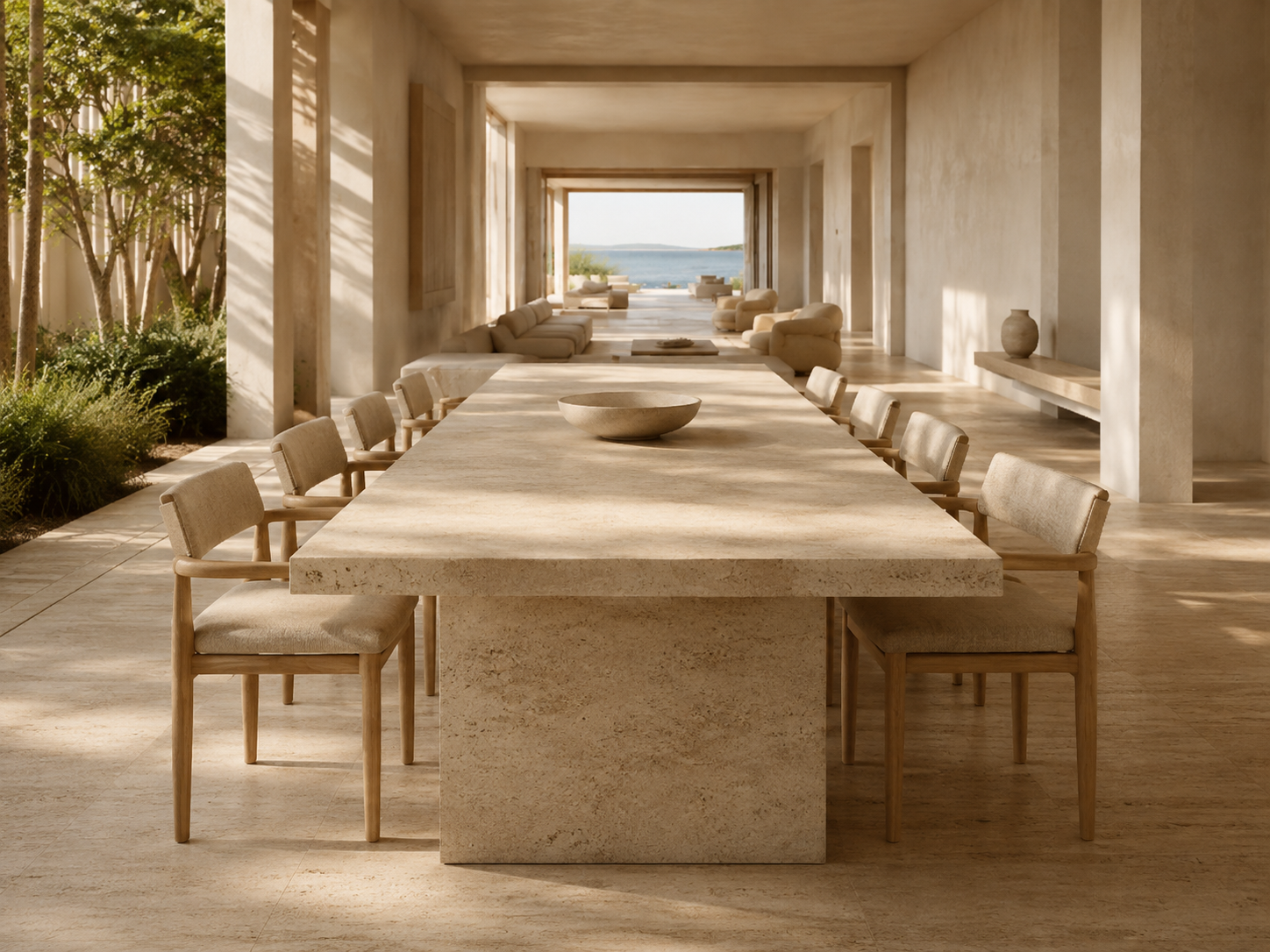 Lumen Path — Curation 11, the travertine table on the axis