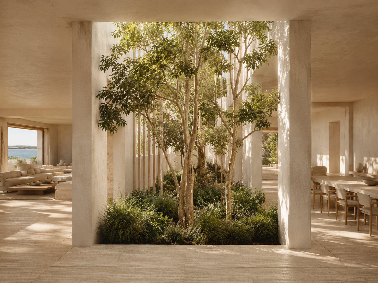 Lumen Path — Court, planting, filtered; filtered daylight through the planted screen