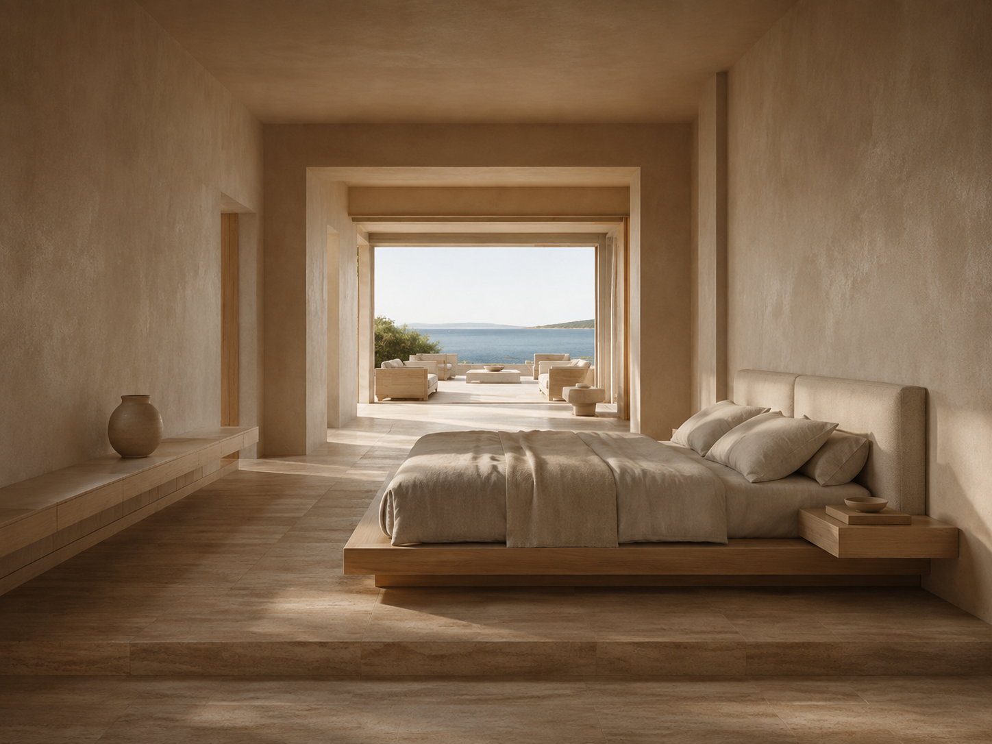 Lumen Path — Rest, bedroom, shuttered; shuttered, one lamp at the bed