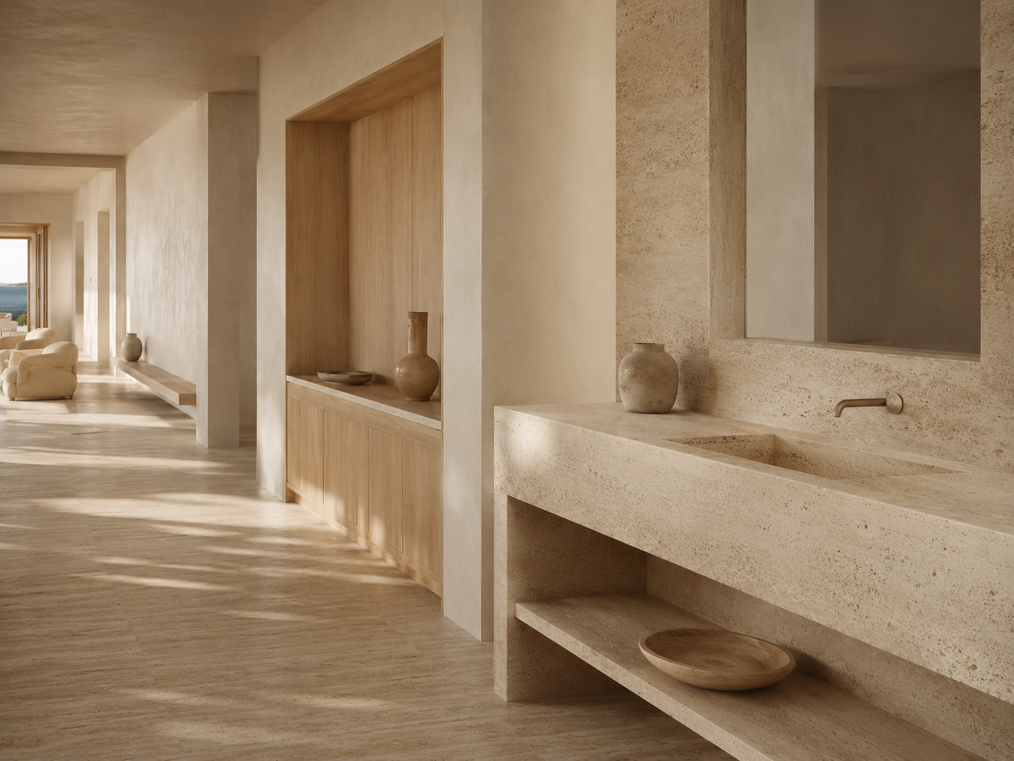 Lumen Path — Water, bath, reflected; reflected light off honed stone