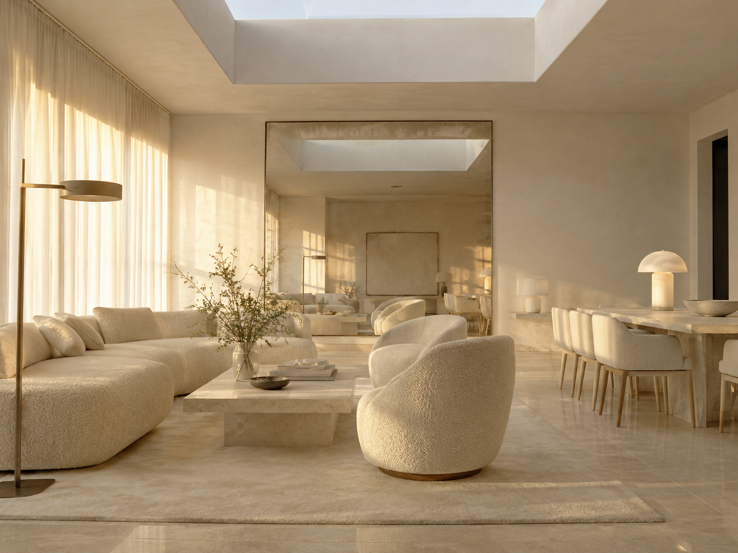 Luce Prowl — Light directive: Three apertures, one mirror, three lamps. The room is a light instrument.