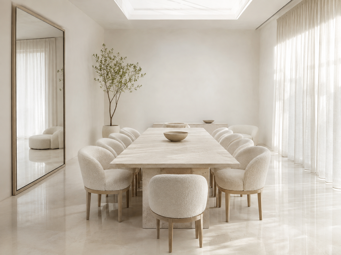 Luce Prowl — Furniture directive: Ivory bouclé everywhere, ash where a frame must show.