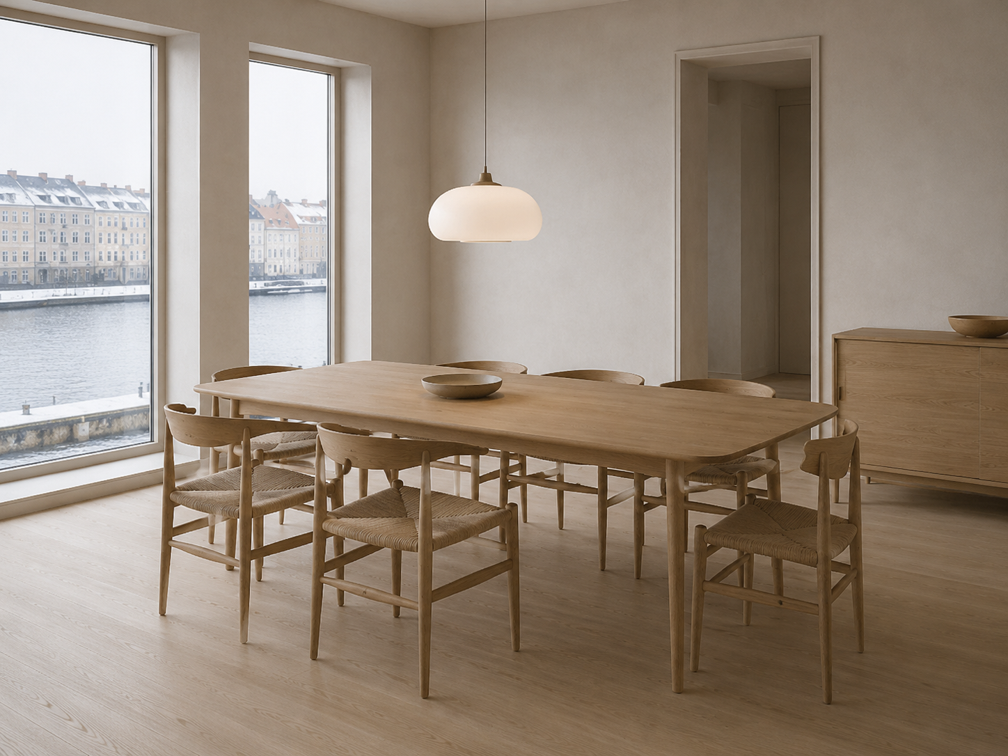 Nordhavn — Spisestue, the eating table; one pendant, hung low