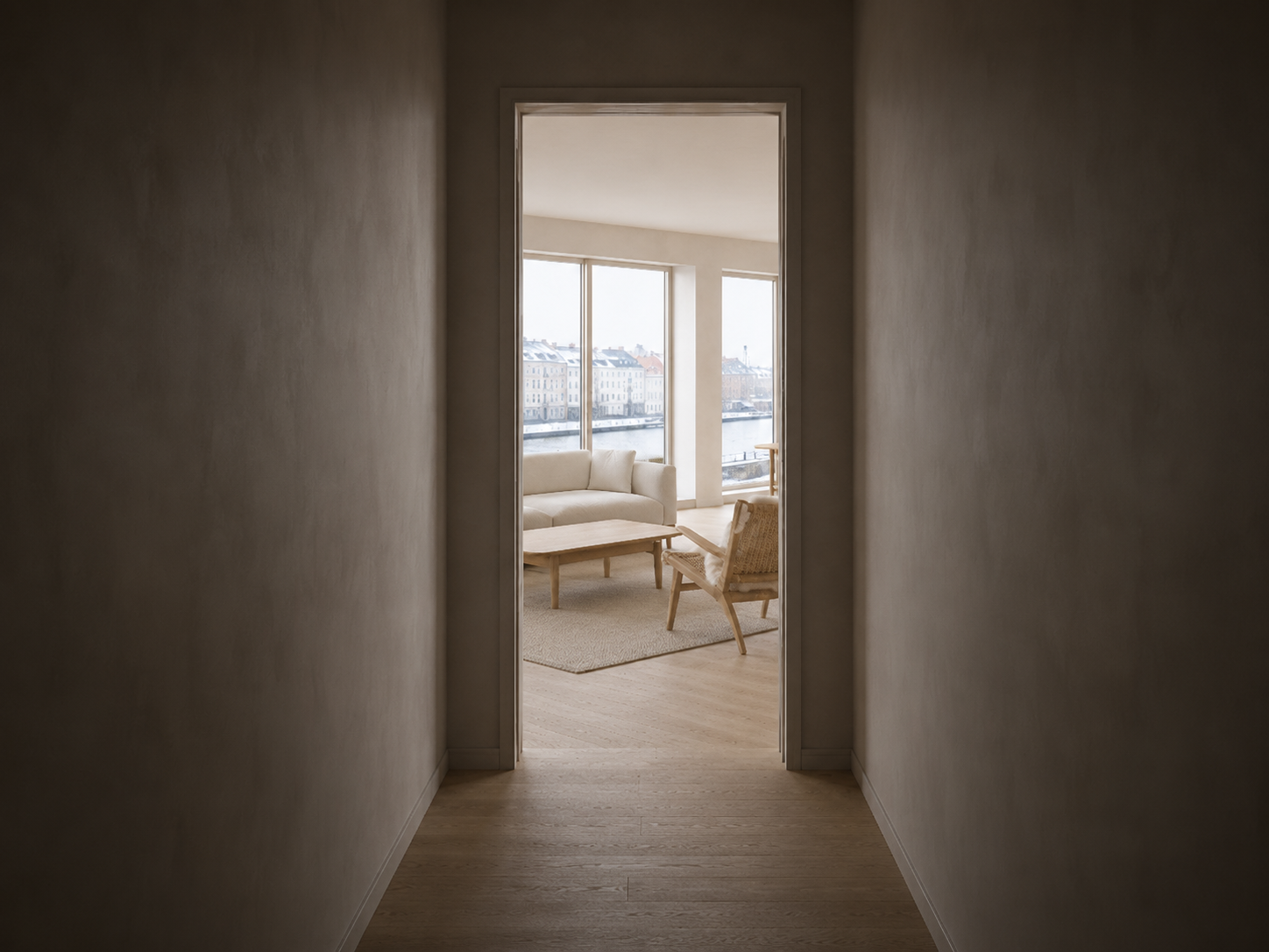 Nordhavn — Entré, the coat wall; borrowed daylight only