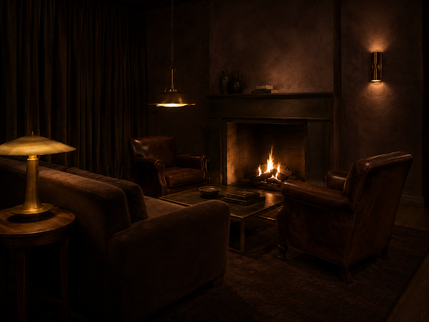 Notte Den — Form directive: Seating pulled tight. The room is sized for four people, not twelve.
