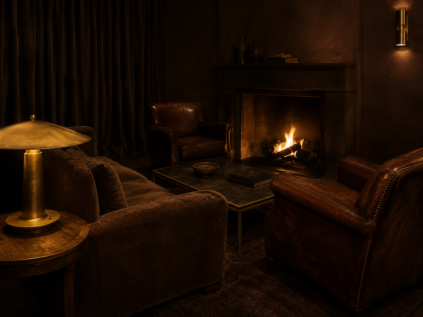 Notte Den — Furniture directive: One velvet, one hide, brass for everything that touches a hand.