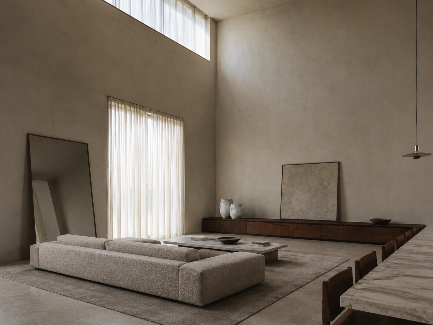 Palazzo Moderno — Light directive: Nothing lit above three metres. The height stays dark and the room stays tall.