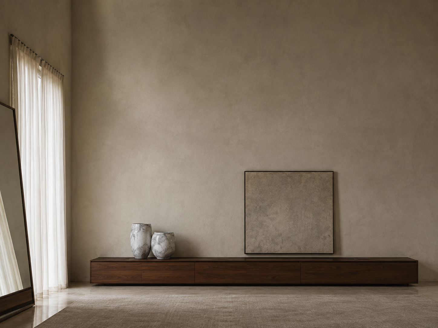 Palazzo Moderno — Furniture directive: Wool bouclé, leather and walnut — one weight each, repeated.