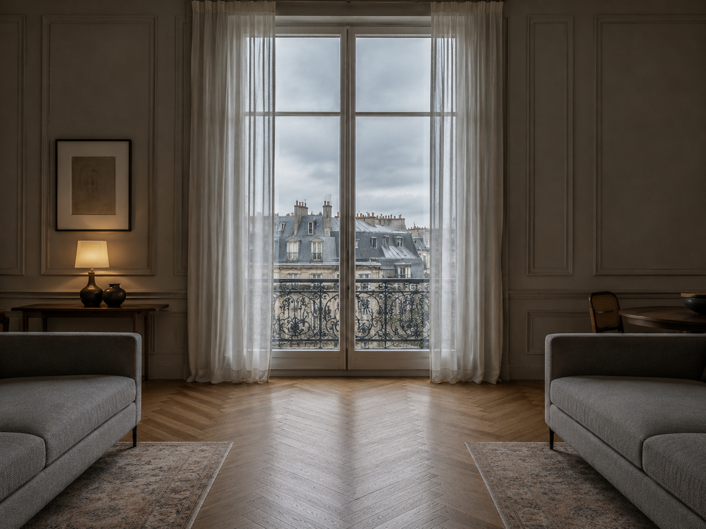 Rive Gauche — Bureau, the window desk; daylight, one library lamp