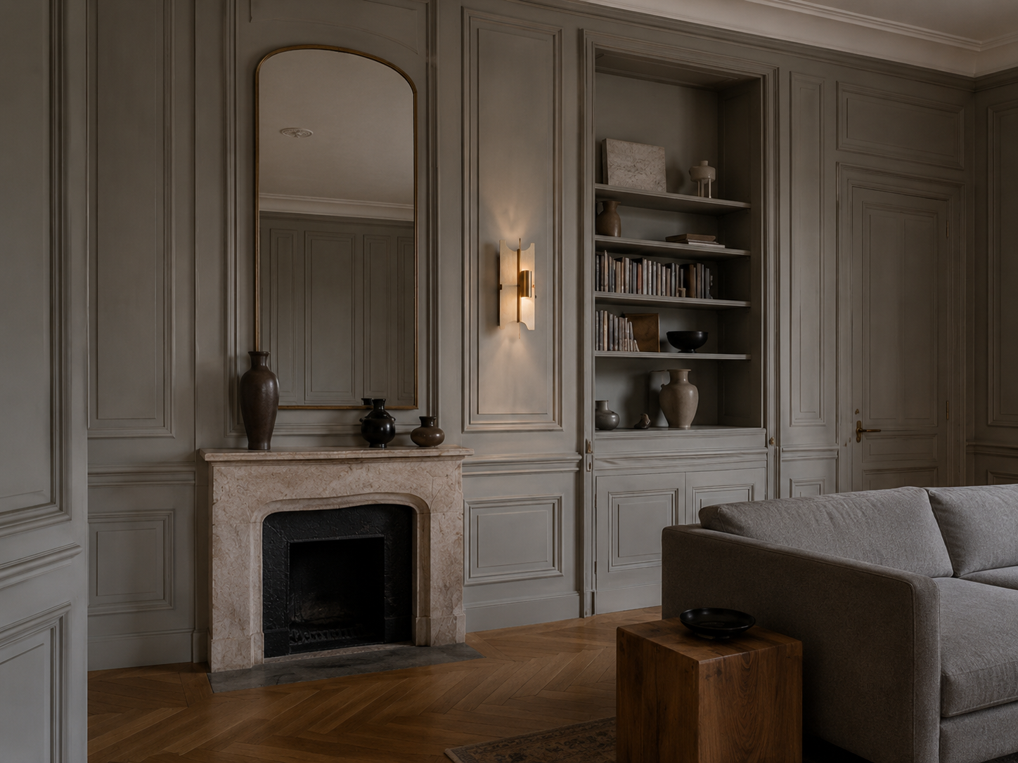 Rive Gauche — Entrée, the panelled hall; one sconce pair, dimmed
