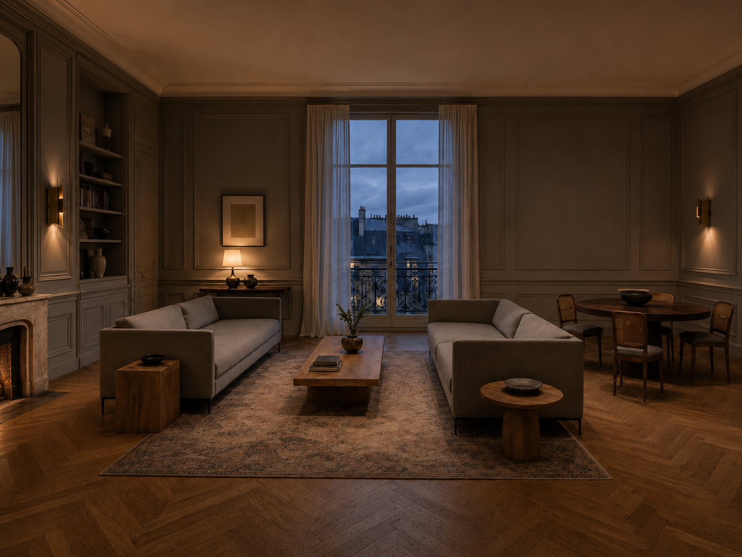 Rive Gauche — Light directive: Cool daylight kept, warm light kept low. Nothing bright above eye level.