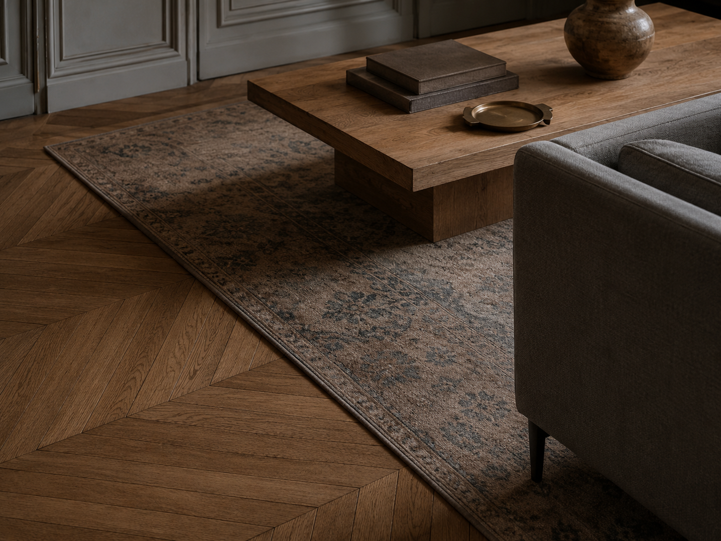 Rive Gauche — Material directive: Point-de-Hongrie parquet, ash-grey panelling, aged brass in small doses.