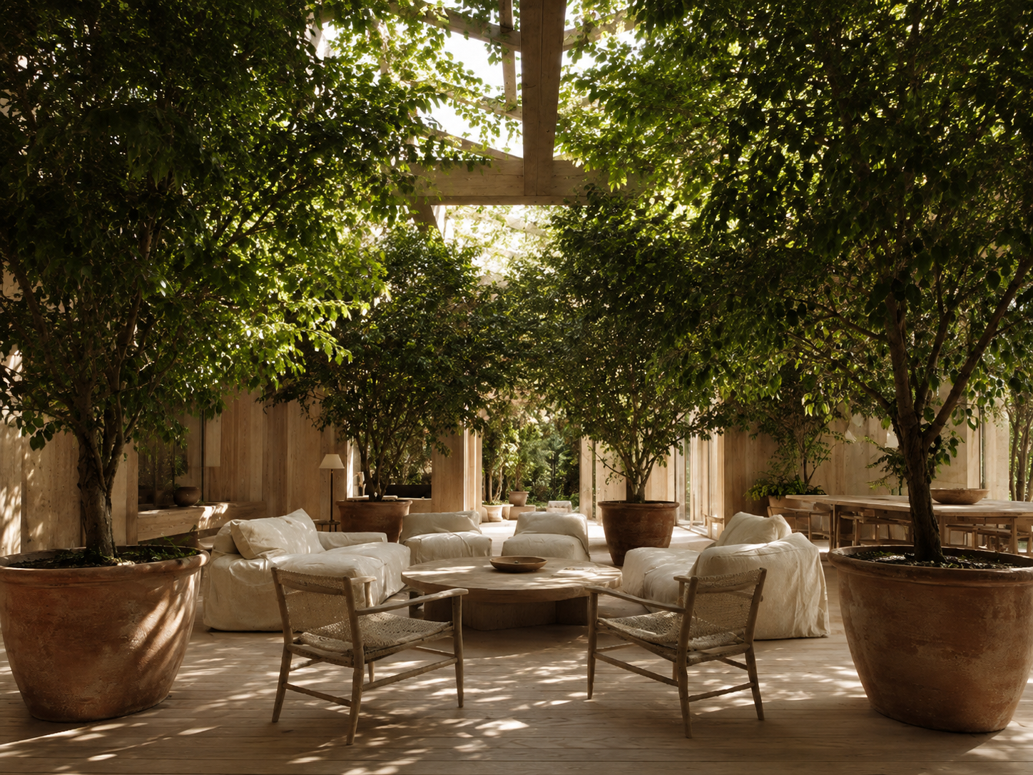 Silva Verde — Form directive: Plant first, furnish second. Seating sits inside the shade, not around the walls.