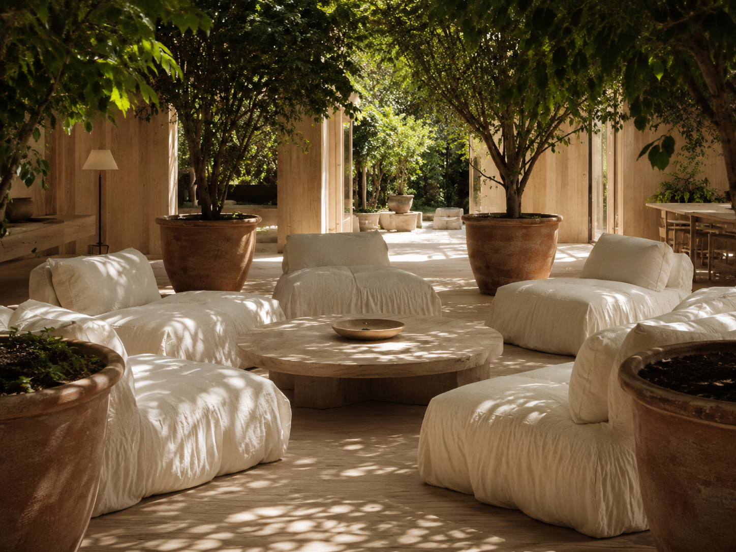 Silva Verde — Material directive: One timber everywhere. Terracotta for the pots, linen for everything soft.