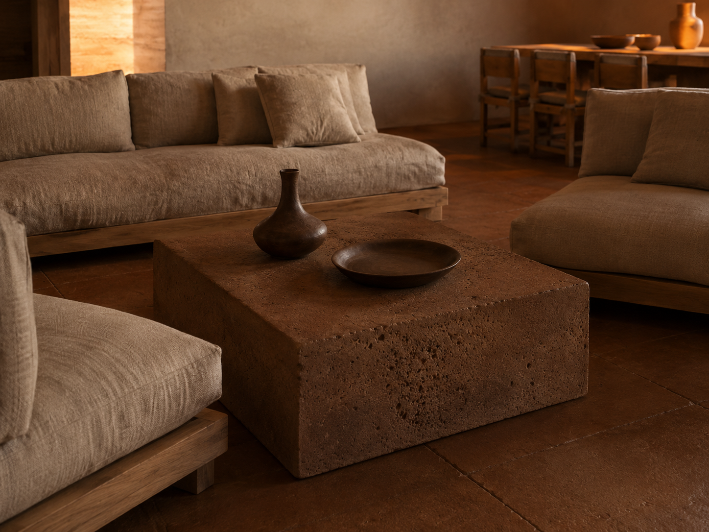 Terra Forma — Form directive: One block anchors each room; everything else is low and soft.