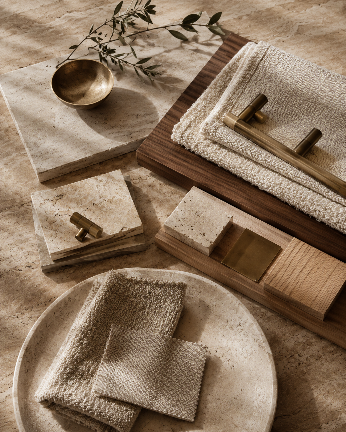 Material samples ranked on travertine — stone, walnut, oak, brass and undyed bouclé