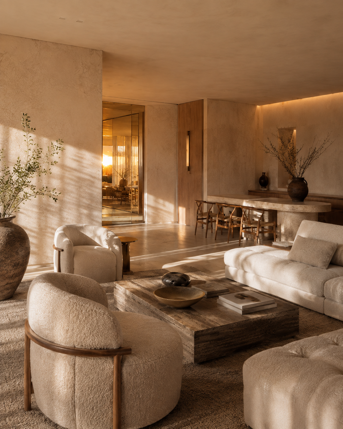 The same composition at sunset — low light across bouclé and travertine, the room holding the hour it was built for