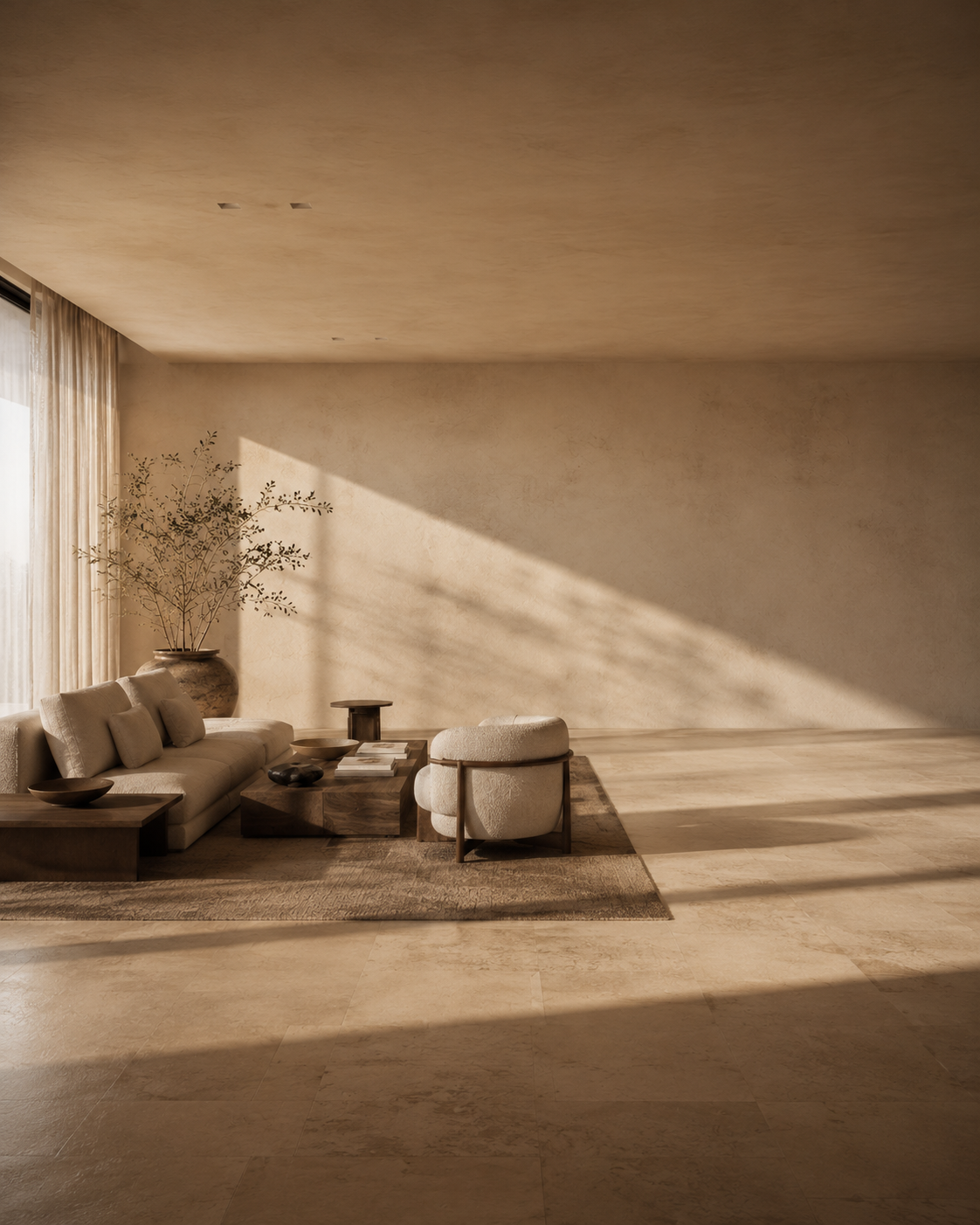 A living room with most of its floor deliberately left empty, one hard diagonal of sunlight across the plaster