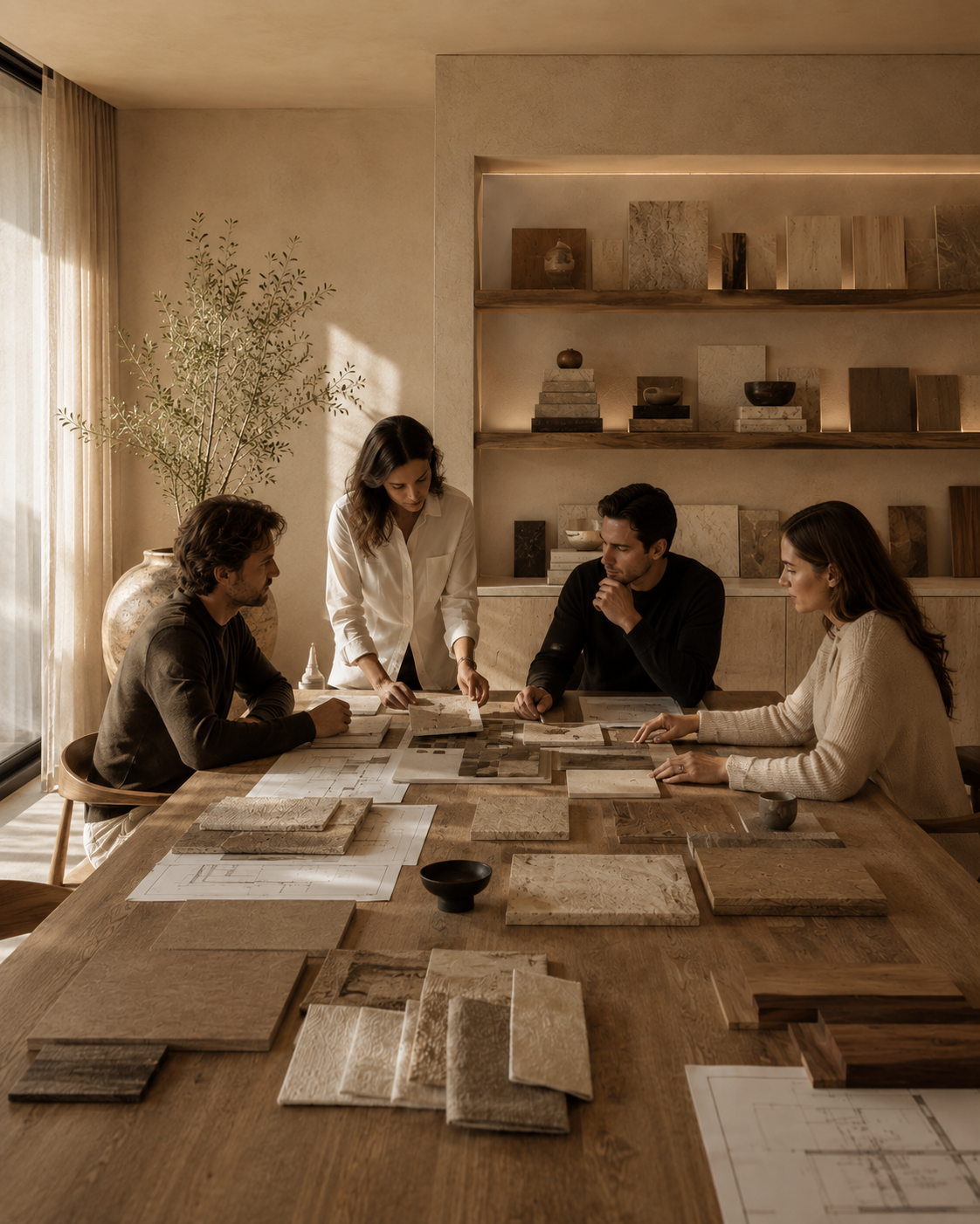 Four curators reviewing stone, timber and textile samples with drawings across a long oak table
